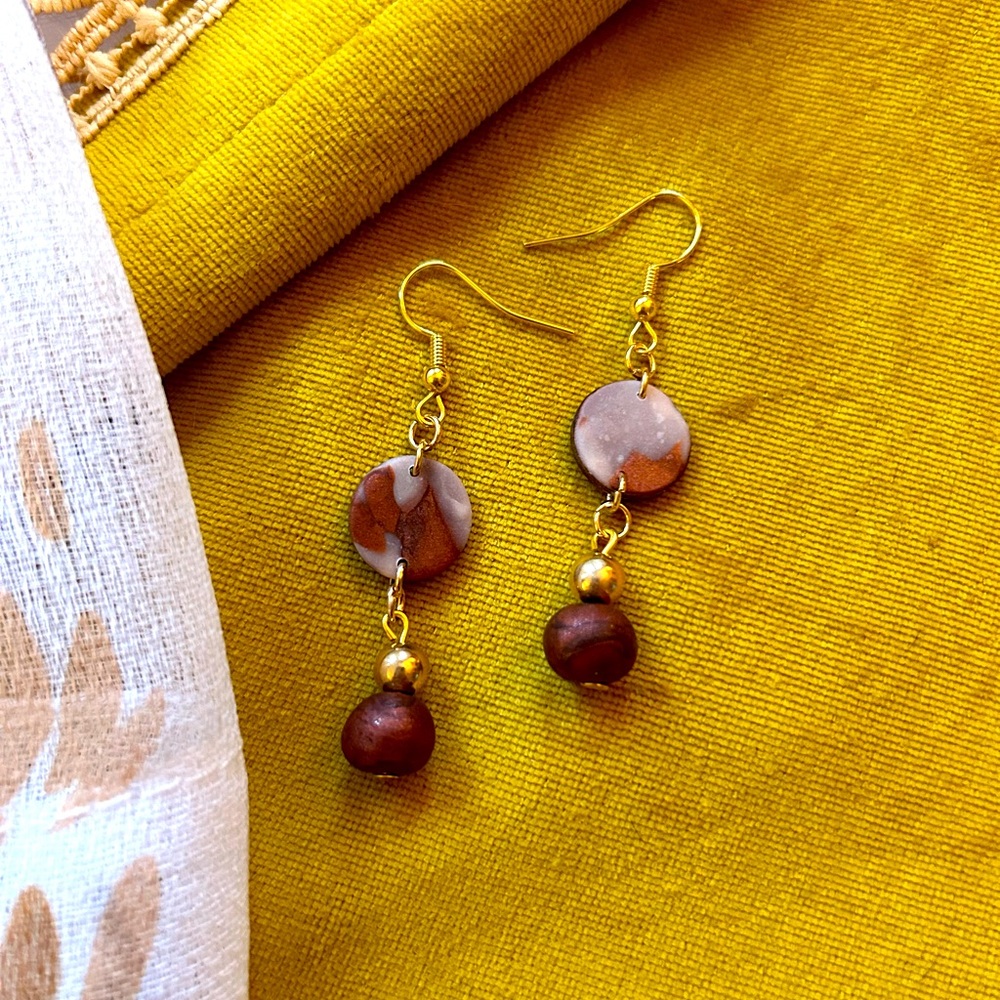 Artisan Boho Bronze and Cream Polymer Clay Earrings